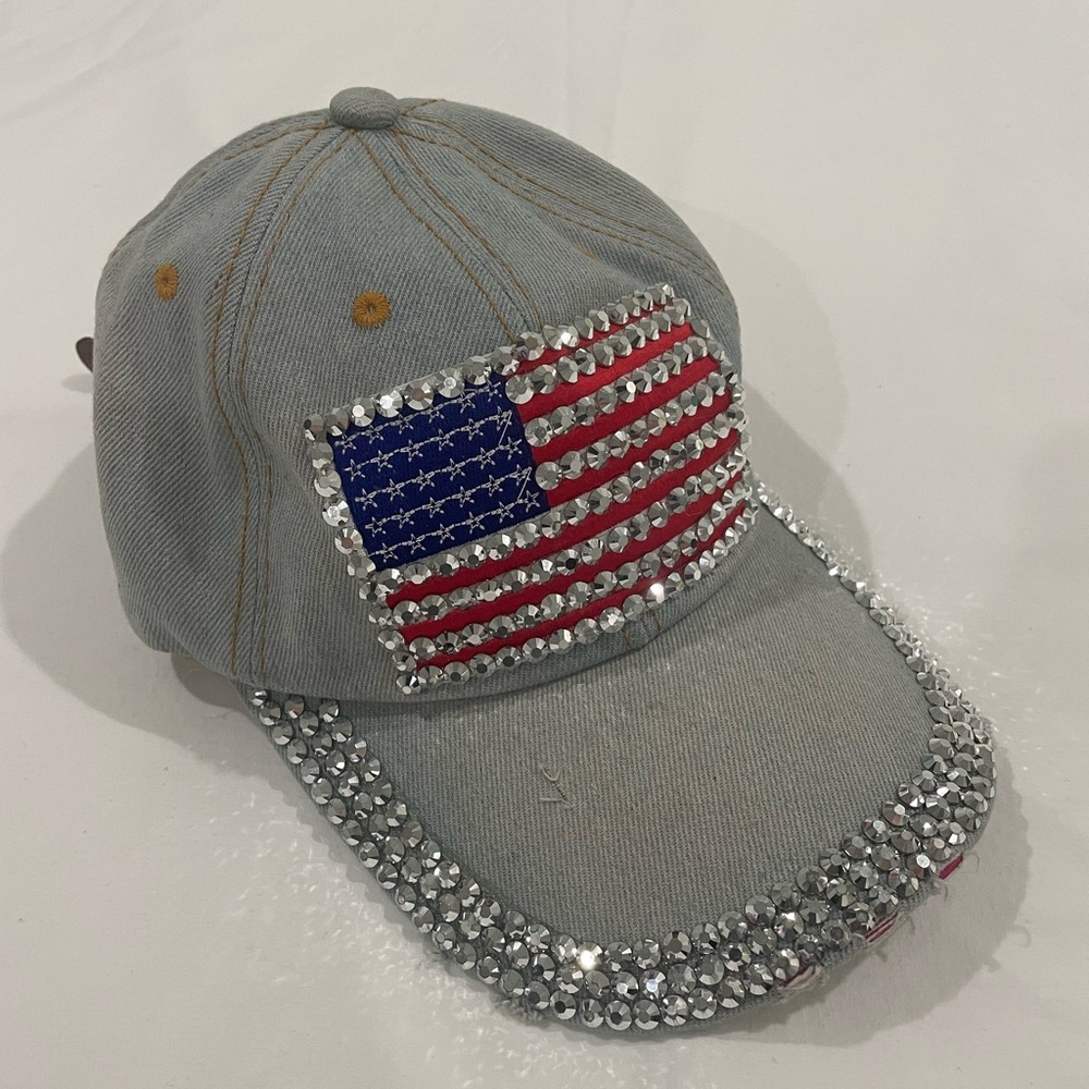 Denim Cap with American Flag and Rhinestones